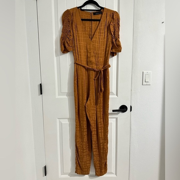NWOT Adelyn Rae Short-Sleeve Satin Jumpsuit in Copper Brown